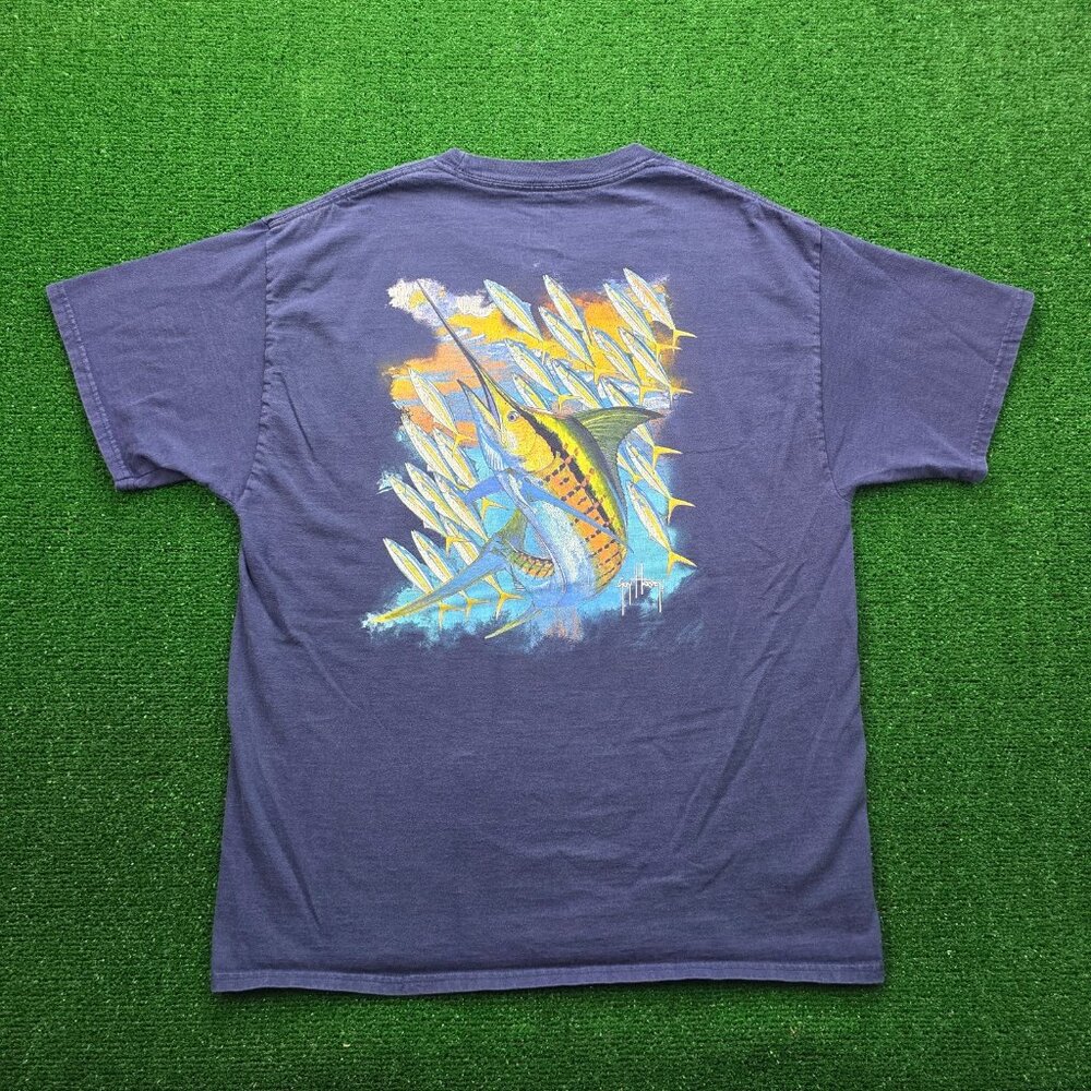 Guy Harvey Tshirt Men Large Blue Short Sleeve Pocket Marlin Fishing Outdoors
